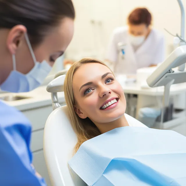 Kvinnelig pasient smiler i tannlegestolen med tannlege og assistent rundt henne.